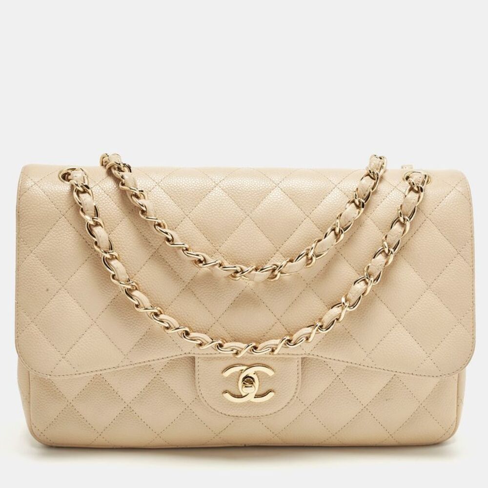 Chanel Classic Double Flap Jumbo Beige Quilted Caviar Leather Bag